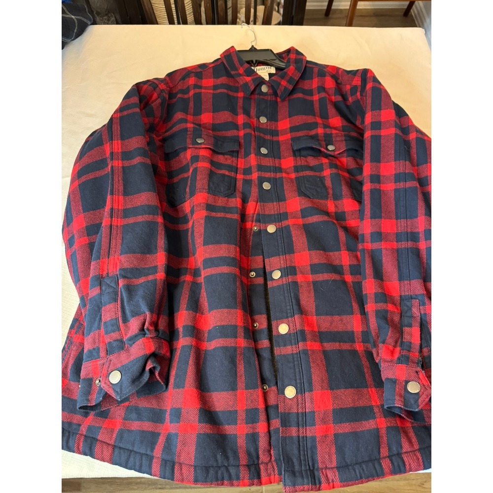 Duluth Trading Co Fleece Lined Flannel Shirt Jacket Red Navy Plaid 2XL Tall Mens